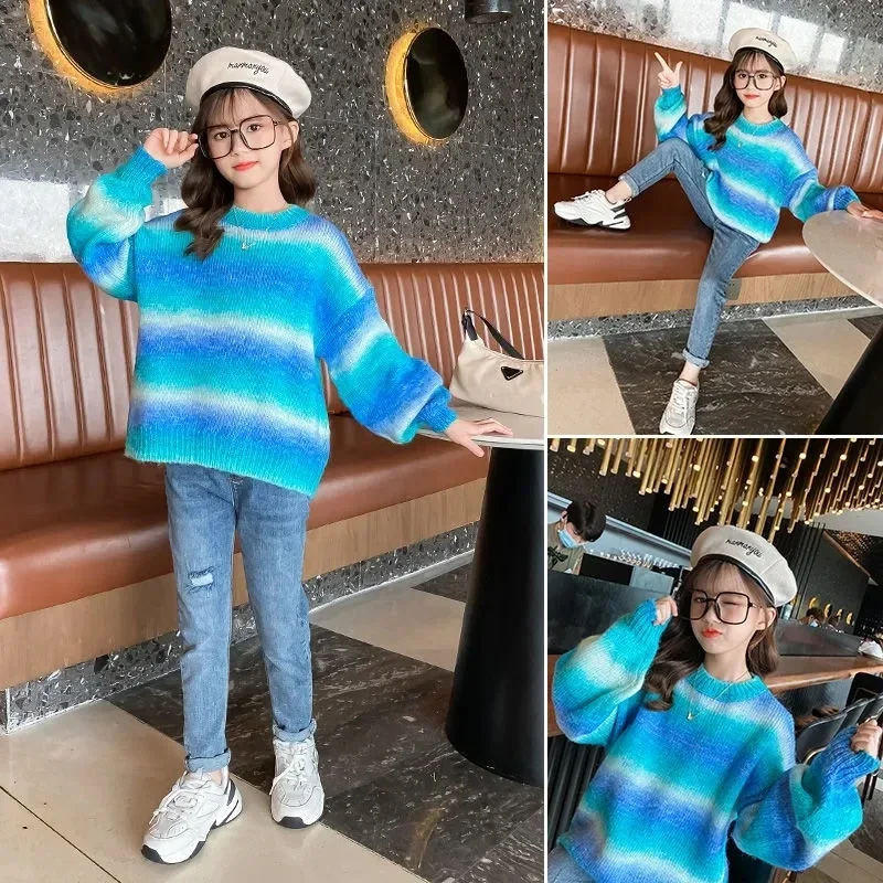 Rainbow Kids Sweaters for Girls Autumn Winter Teen Knitted Clothes Children\'s Warm Sweaters Coats Costume For Girls 4-13 Years