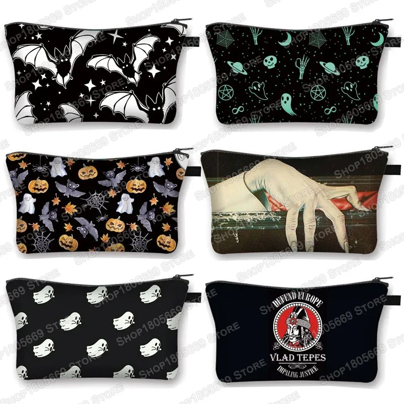 Estuche de Cosméticos Vampiro, Bolsa de Maquillaje de Lona con Diseño de Murciélago Fantasma para Mujer, Neceser Pequeño, Bolsa de Cosméticos para Lápiz Labial