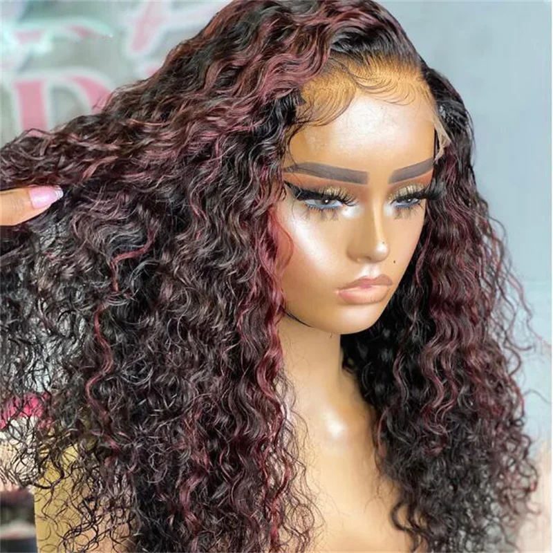 

180Density Soft 26" Ombre Wine Kinky Curly Long Lace Front Wig For Black Women Babyhair Heat Resistant Preplucked GluelessDaily