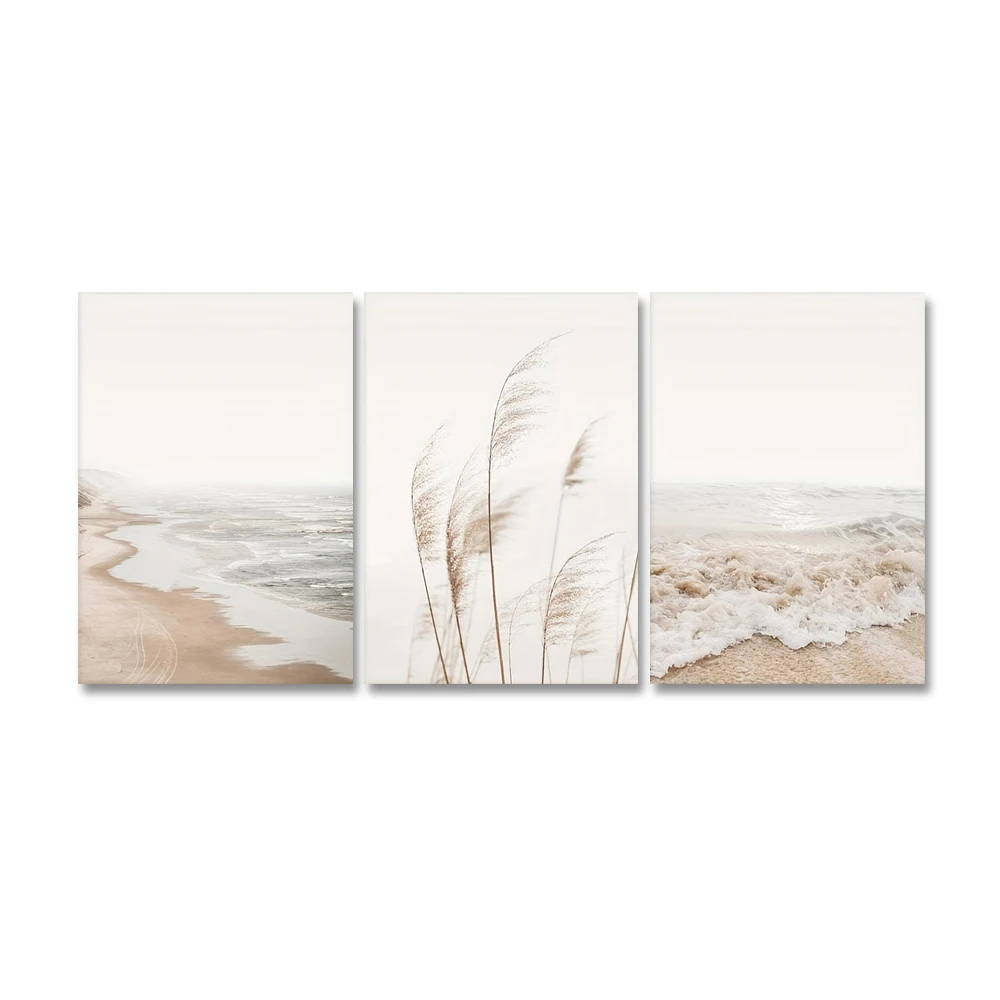 3PCS White Seascape Canvas Painting Nordic Sea Beach Pampas Botanical Grass Pictures Living Room Kitchen Wall Art Decor Poster