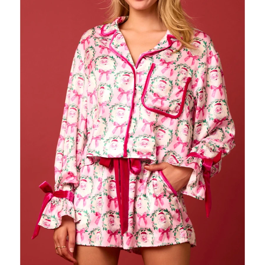 HEZIOWYUN Ensemble pyjama de Noël pour femme imprimé père Noël/arbre, col à revers boutonné, manches longues + short, tenue de détente 2 pièces