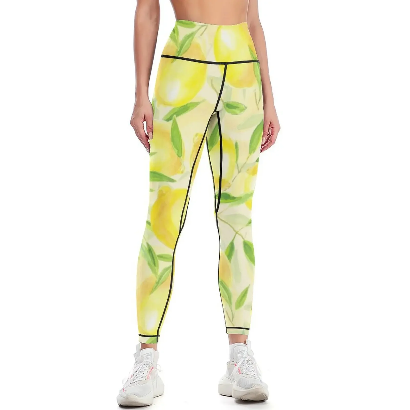 

Lemons with leaves watercolor pattern Leggings sport set sports for push up sportswear for gym sport pants Womens Leggings