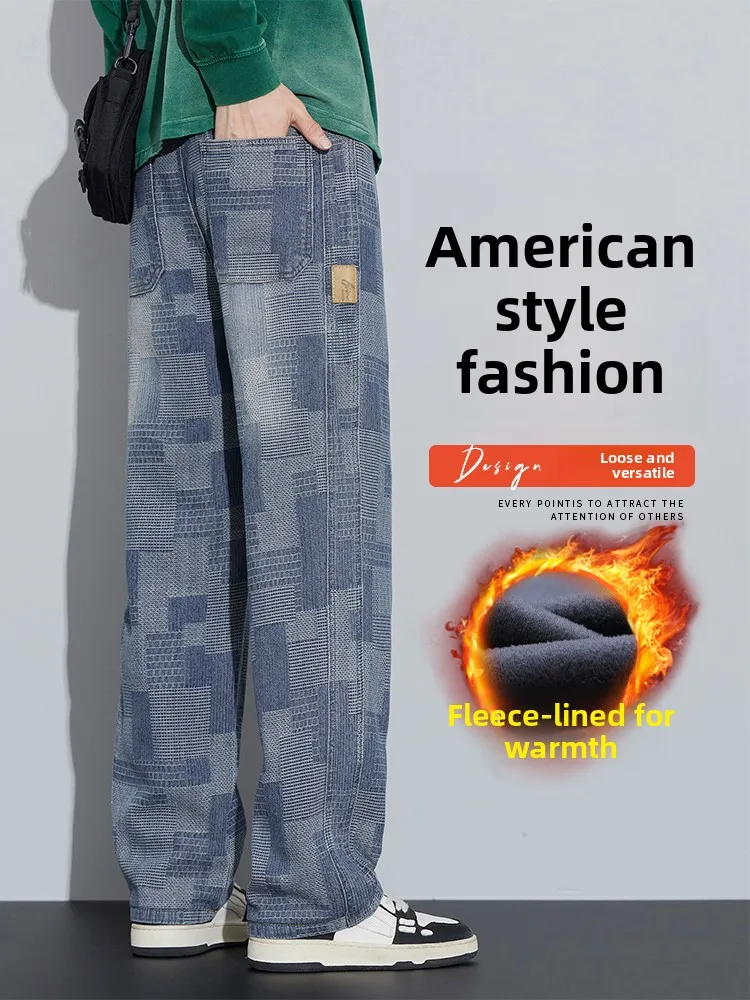 

American Sle Fce Lined Thi Straight Leg Jeans Men's Autumn Winter Casual Faionable Loose Fit Bootcut Denim Pants