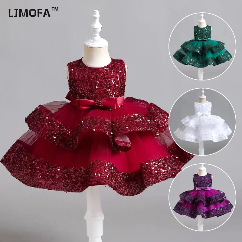 

LJMOFA Princess Girl Party Dresses Sequin Big Bow Girl Tulle Dress Gown Summer New Kids Toddler Birthday Wedding Costume T107