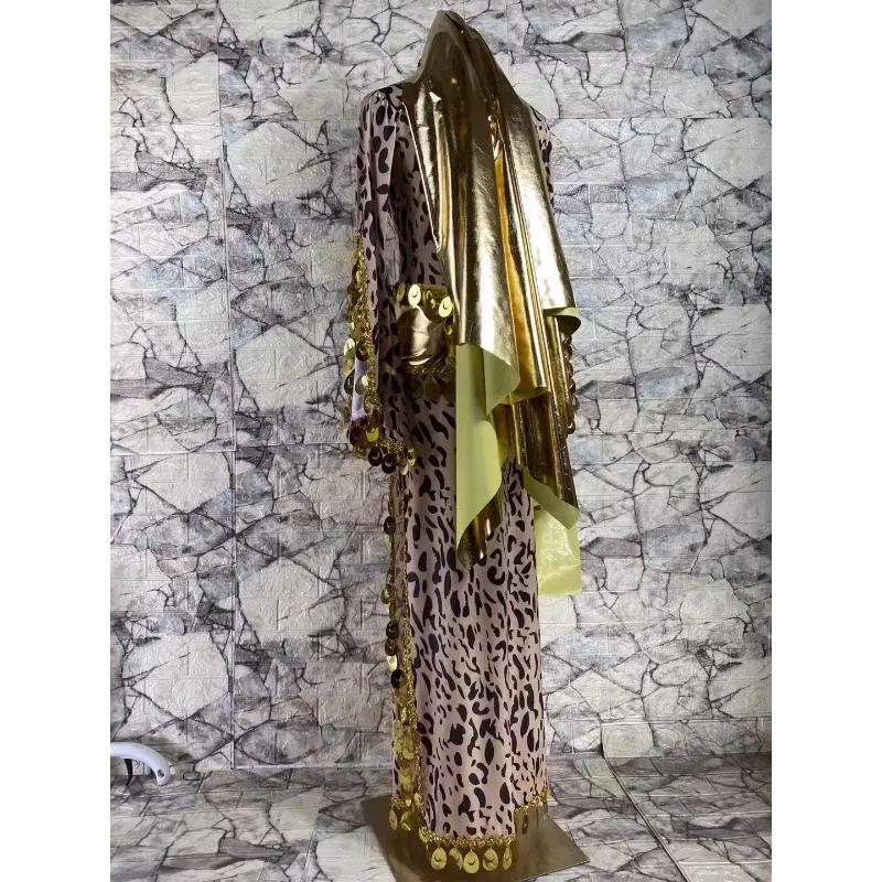 Customized Belly Dance Costumes Leopard Pattern Slimming Robe Headscarf Shining Belt Oriental Dance Baladi Saidi Robe Dress