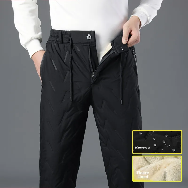 Men's Winter Thickened Fleece Lined Windproof Cotton Trousers Casual Loose Outerwear Warm Waterproof Zipper Pants Sheep Velvet