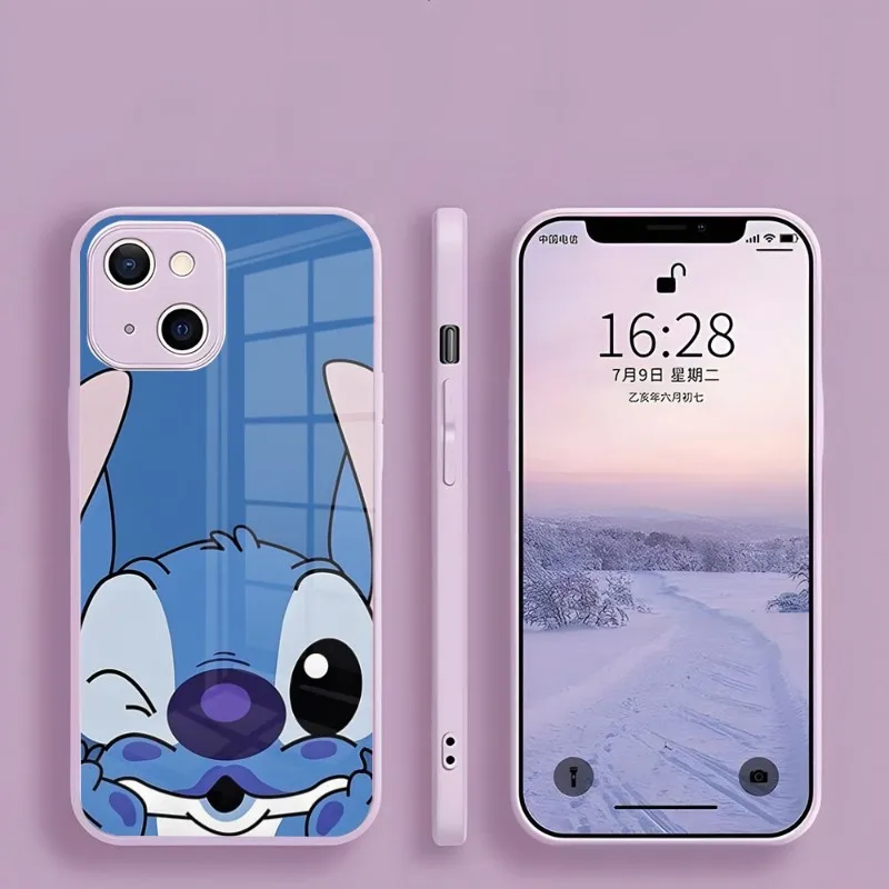 Disney Kawayi Lilo Stitch Phone Case For Iphone 15 14 13 Pro Max 12 11 Xr X Xs Mini 6 7 8 Plus Se 2022 2020 Glass Purple Cover