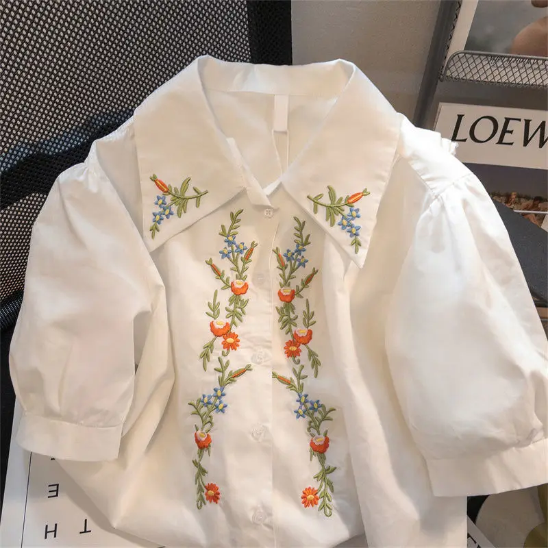 Clothes for Women Summer Vintage Embroidery Button Up Shirts White Sweet Cute Short Sleeve Blouses Simple Casual Loose Chic Tops