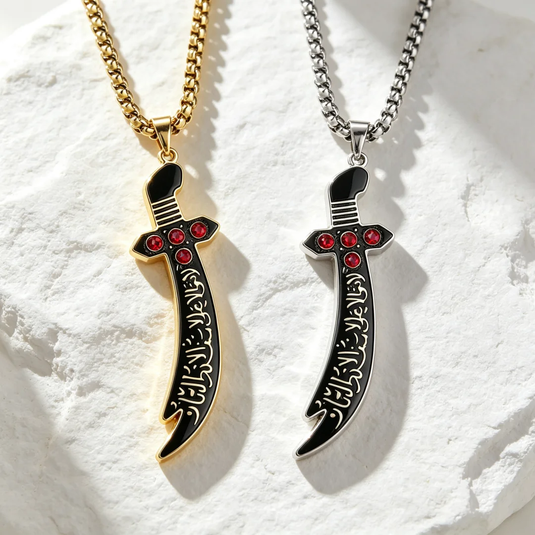 Zulfiqar Sword Pendant Necklace Islamic Arabic Script Curved Sword Necklace with Red Zircon Stainless Steel Muslim Amulet Gift