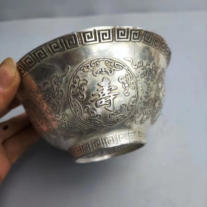 Antique miscellaneous items: distressed alloy silver-plated fortune, longevity, happiness, wealth bowl crafts, home decorations