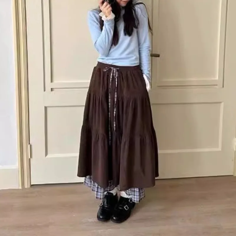 Heavyweight A-Line Mini Skirt with Patchwork Design Double Layered Cake Skirt Retro Corduroy Half-length Skirt for Autumn Winter