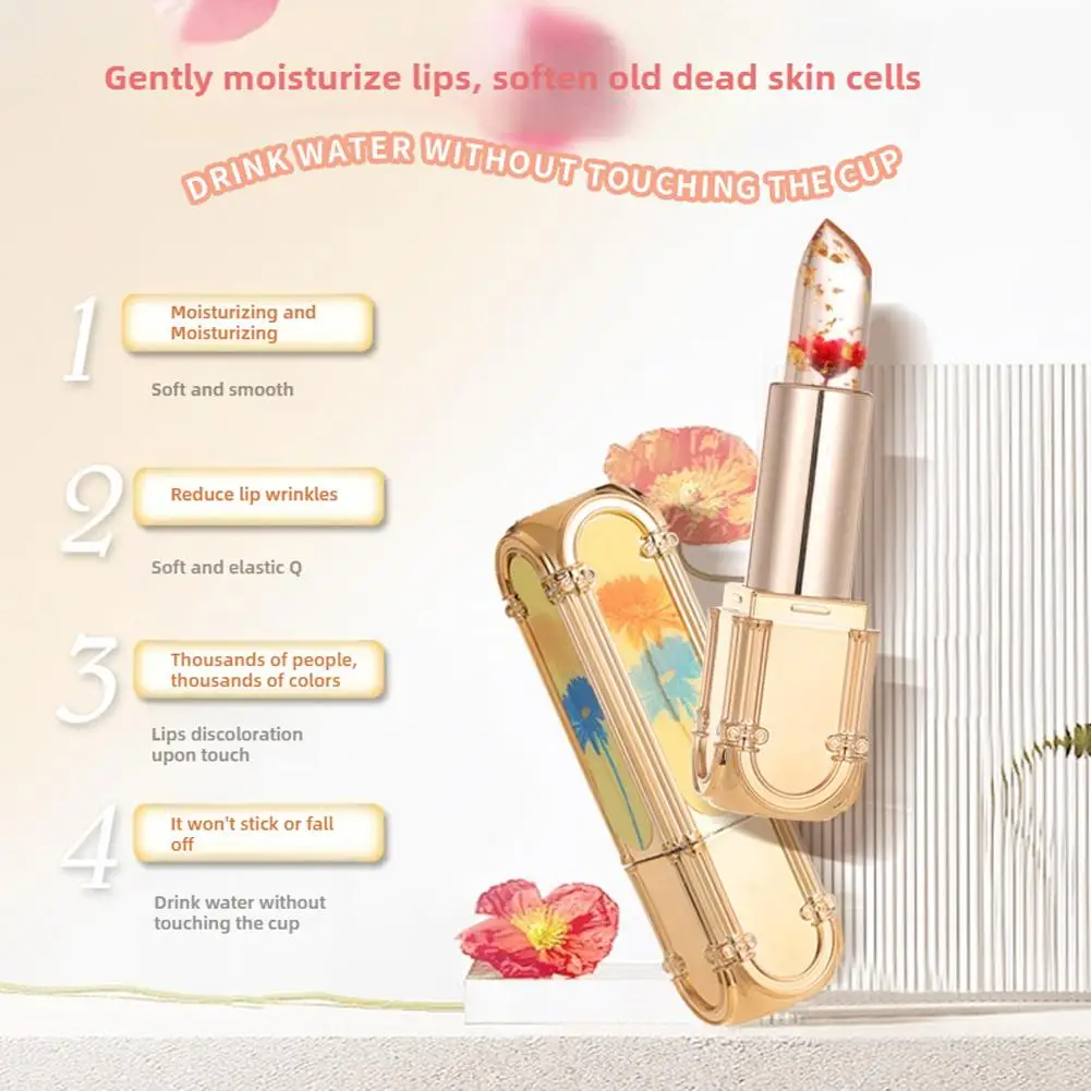 Gelatina Cambia colore Rossetto Temperatura idratante Petali trasparenti Cambiando Trucco labbra Rossetto Balsamo di cristallo Fiore J3w6