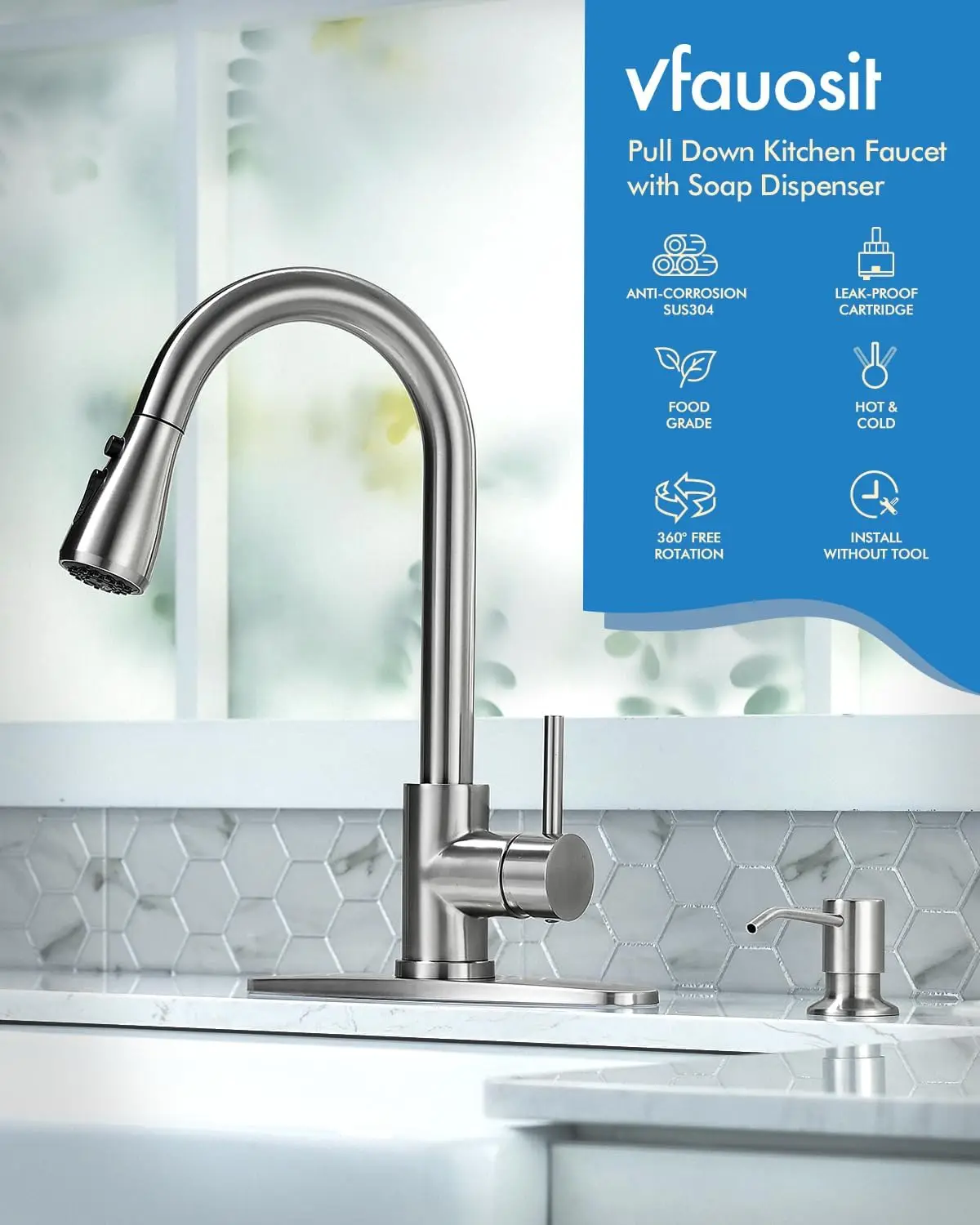 Kitchen Faucet with Soap Dispenser, 3-Mode Kitchen Sink Faucet with Pull Down Sprayer Stainless Steel Single Handle