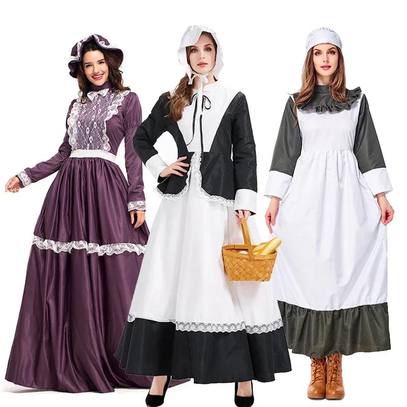 NEW Carnival Halloween Lady Little House On The Prairie Costume American Pioneer Pilgrim Playsuit Cosplay Fancy Party Dress