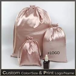 20PCS Custom Logo Rose Gold Silk Satin Drawstring Bag Makeup Shoes Clothes Virgin Hair Extensions Wigs Packaging Bags Storage