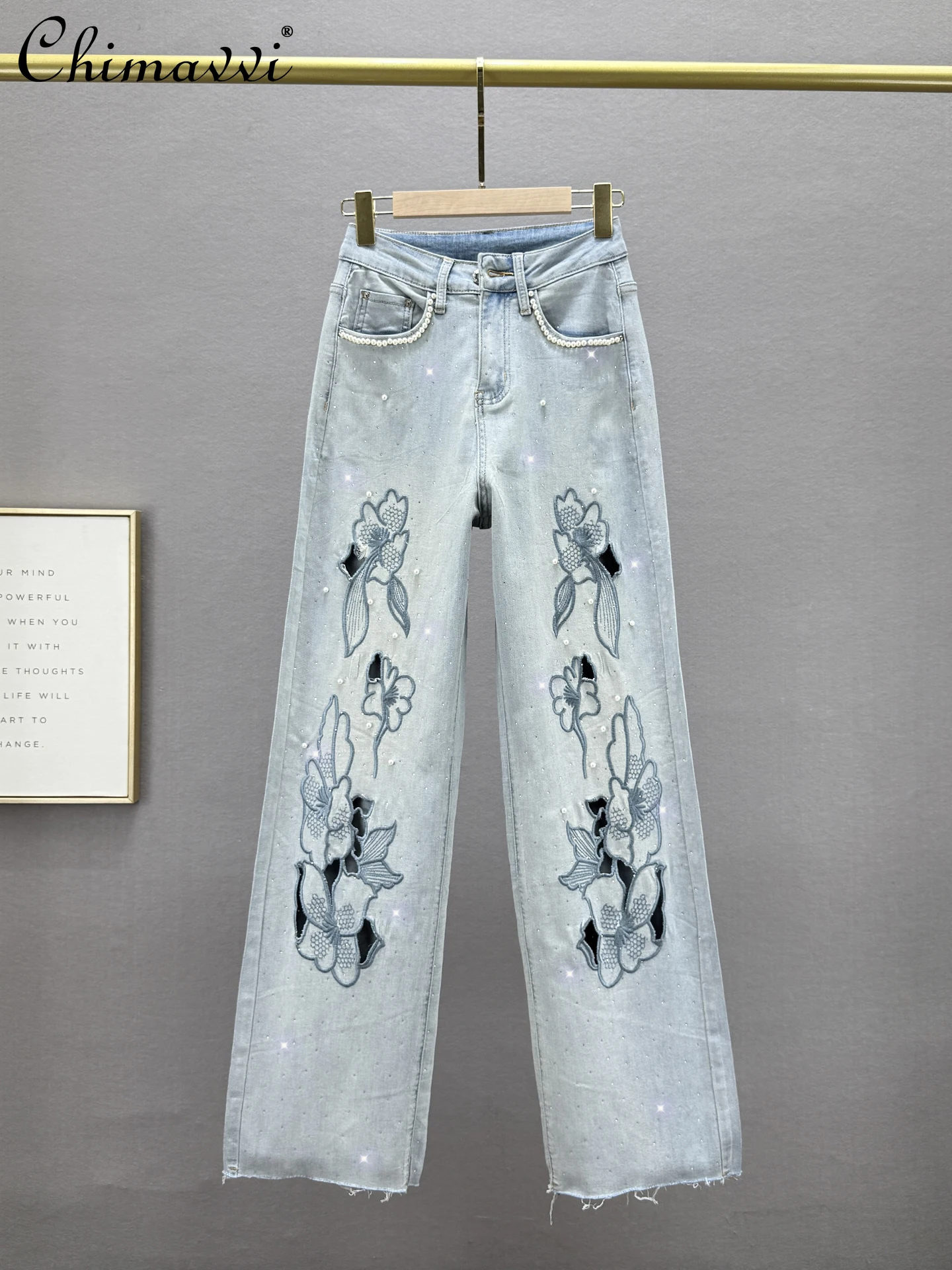 

Ripped Jeans Women's Straight-leg Pants Autumn New Fashion Elastic High Waist Slim-fit Retro Hot Diamond Streetwear Trousers