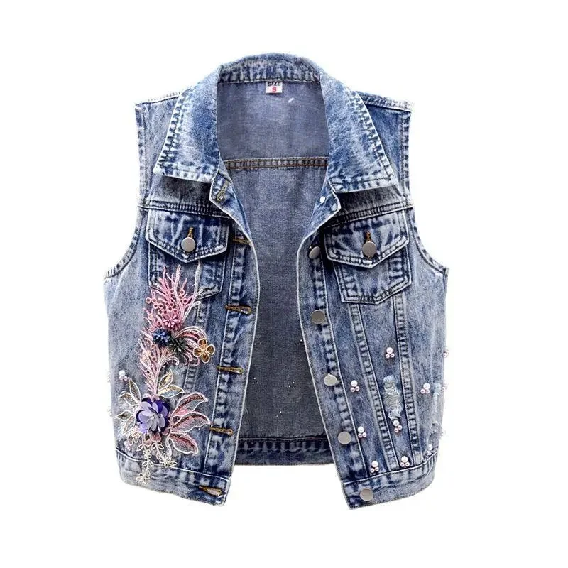 2024 Student Vest Slim Short Jacket Embroidery Flowers Sleeveless Denim Vest Women\'s Beaded Waistcoat Hole Jeans Vest Coat Girl