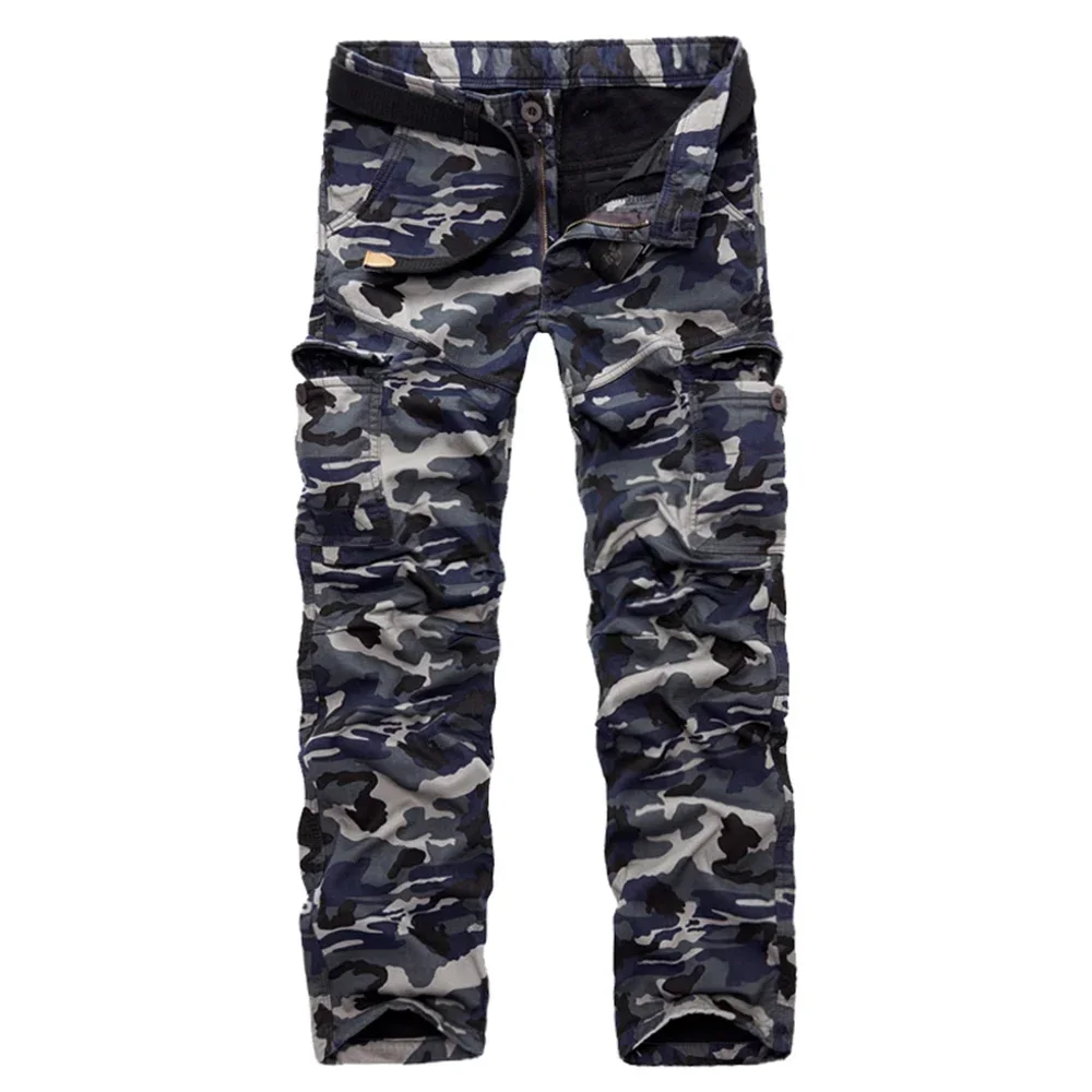 Calça jeans masculina camuflada de alta qualidade, calça militar masculina com vários bolsos (sem cinto)