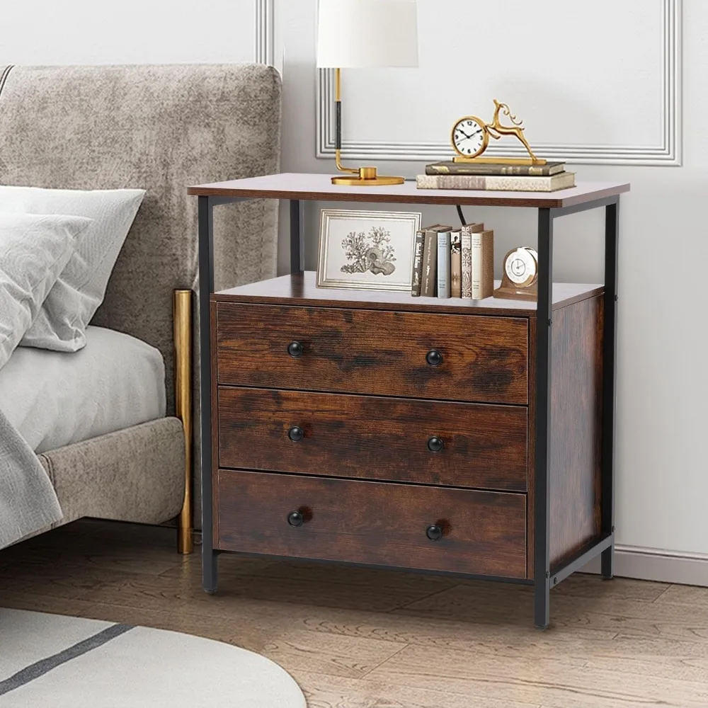 27-Zoll breiter Nachttisch aus Holz mit Ladestation und verstellbaren Schubladen für kleine Kommoden im Schrank