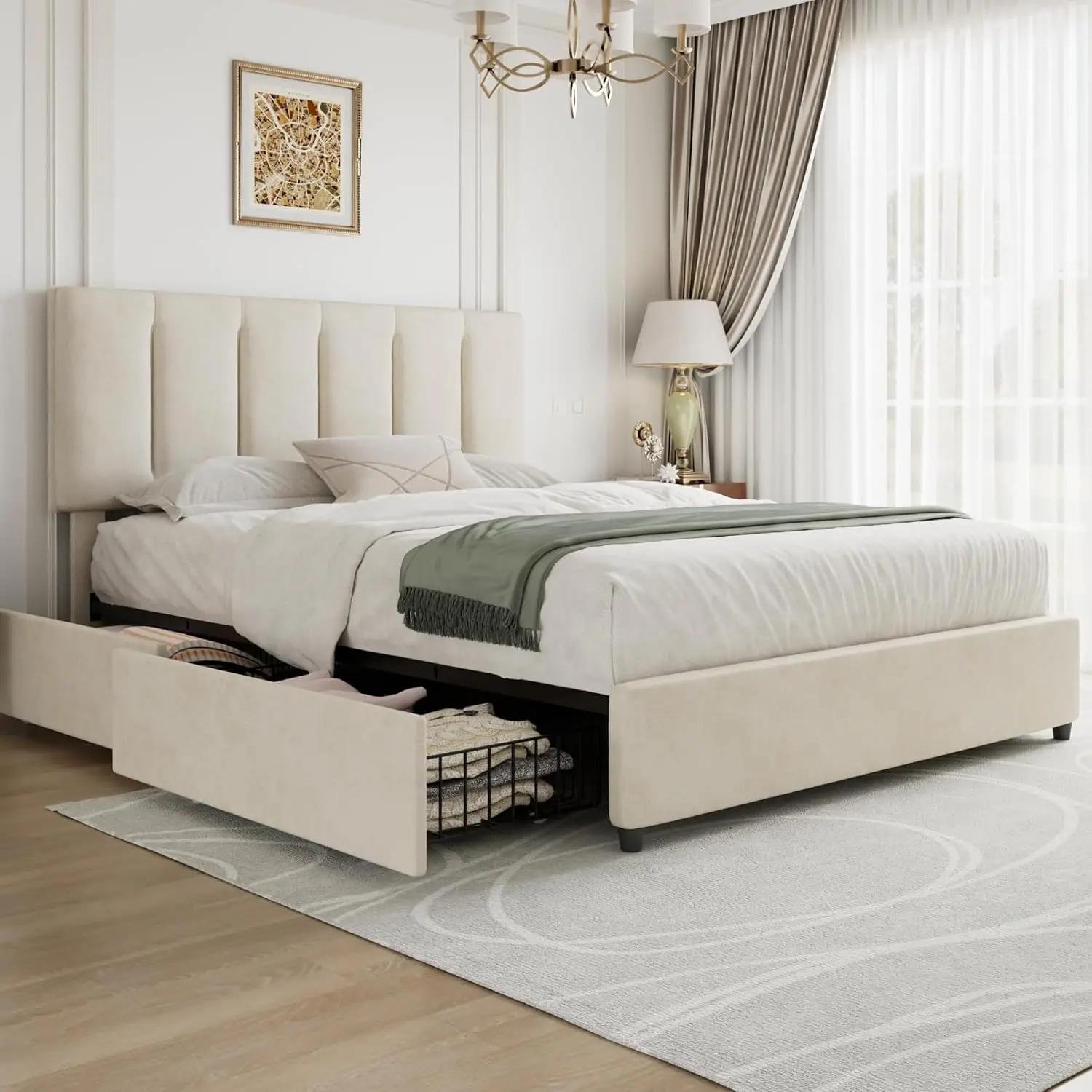 Full Size Bed Frame with 4 Storage Drawers, Adjustable Height Headboard, Heavy-Duty Platform Bedframe with Strong Wooden Slats