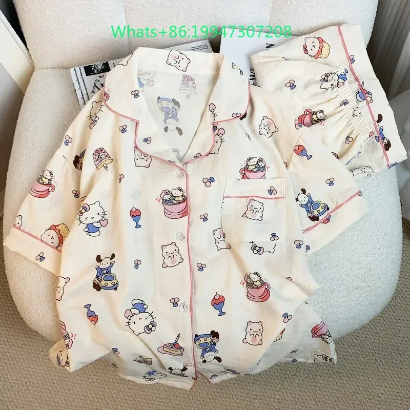 

Summer new white cloud cotton cute cartoon Hello Kitty pajamas women's printing short sleeves short trousers home suit