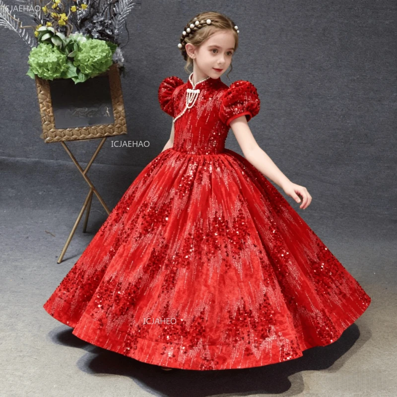 Red Chinese Style Bubble Sleeves Stand Collar Long Princess DressEvening Formal Gown Kids Clothing Performance Gown Birthday