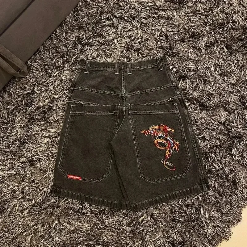 90s retro rock and roll loose embroidered denim shorts men's summer Harajuku gothic sports fitness shorts street JNCO clothing