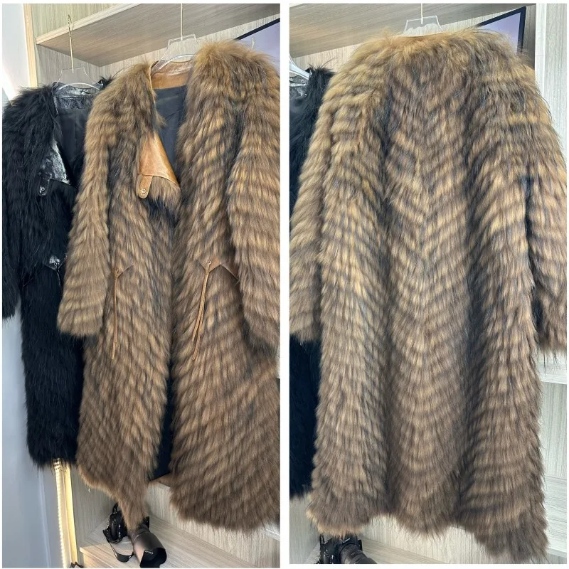 Hot-selling Autumn Winter New Natural Real Raccoon Fur Strip Fur Coat Fashion long Jacket Raccoon Fur Coat Warm Streetwear
