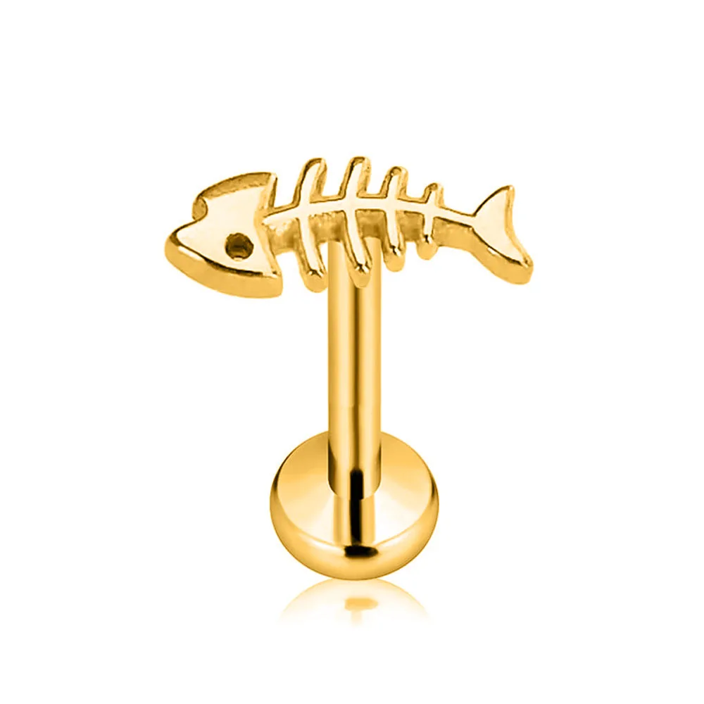 ASTM F136 G23 Titanium Fish Bone Threadless Piercing Pin Push in Lip Stud Daith Conch Tragus Flat Back Earring 16G 18G 20G