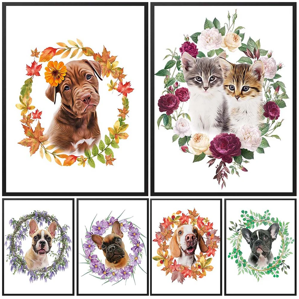 

Custom Pet Dog Cat Animals Flowers Leaf Wreath Poster Wall Art Canvas Painting Wall Pictures For Living Room Home Decor Unframed