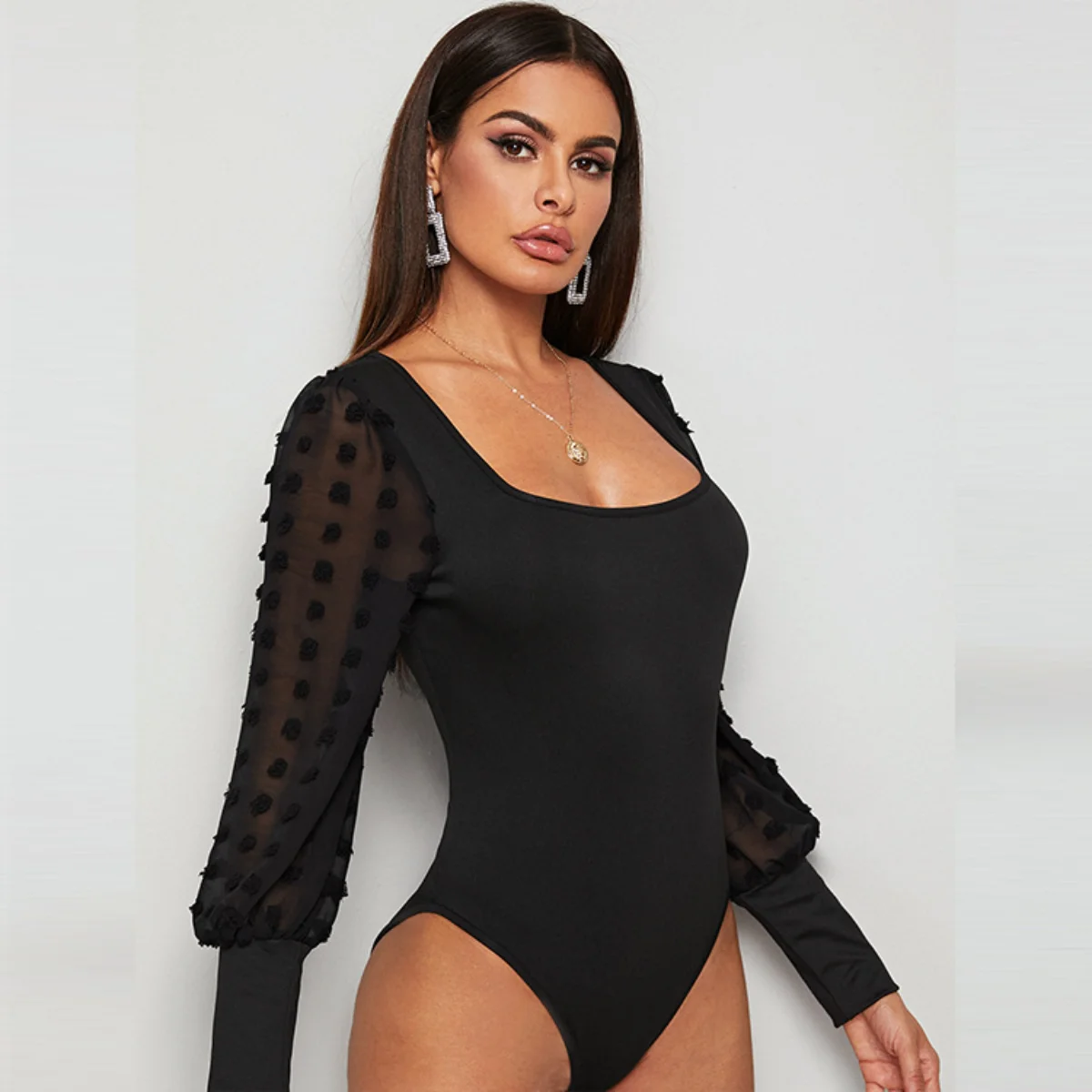 Square Neck Puff Long Sleeves Bodysuits Women Fall Sexy Body Shaper Jumpsuit Thongs Nightclub One Pieces Fashion Slim Fit Onesie