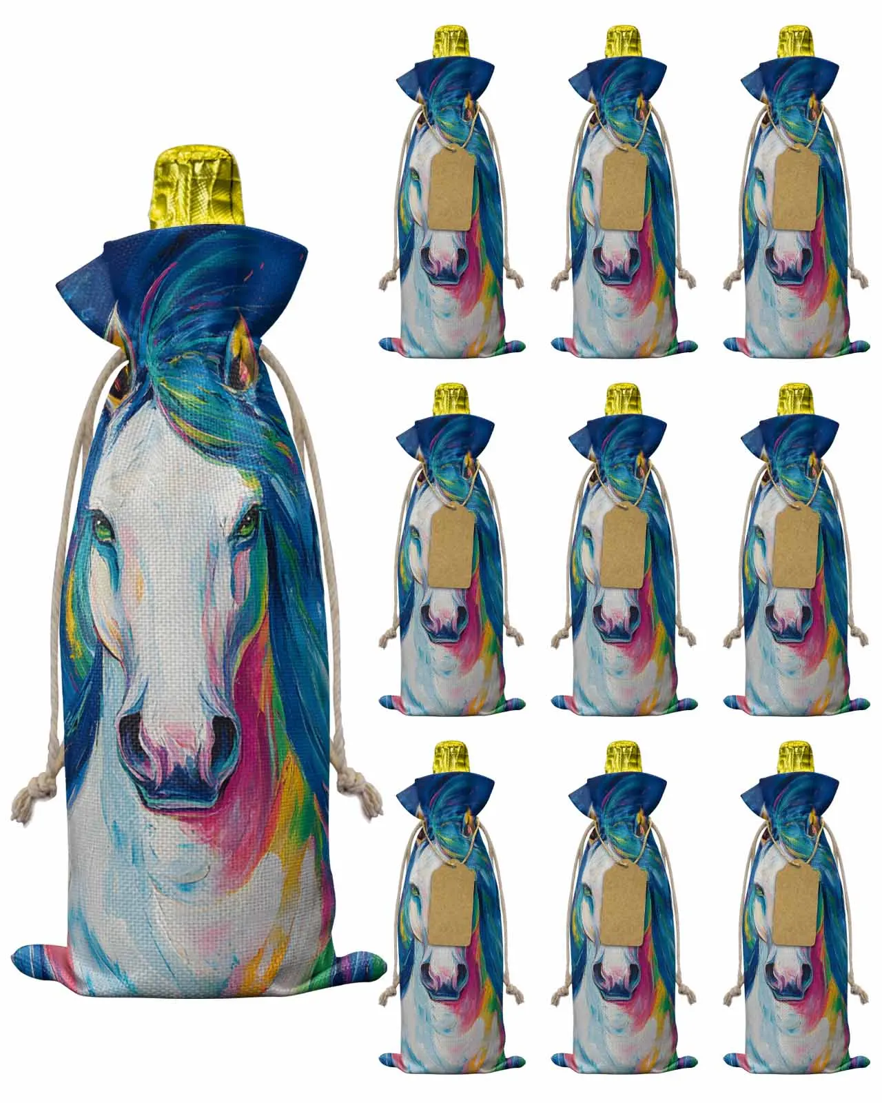 

10pcs Wine Bottle Covers Abstract Horse Art Wine Holder Carrier Packaging Bag Wedding Party Decor Gift