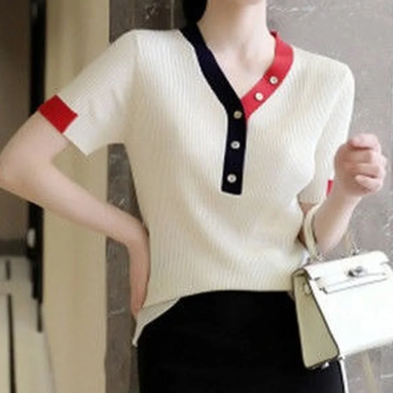 French Hit Color Striped Sweater Women Summer 2023 New Fashion Short Sleeve V Neck Button Slim Casual Knitted Top female clothes