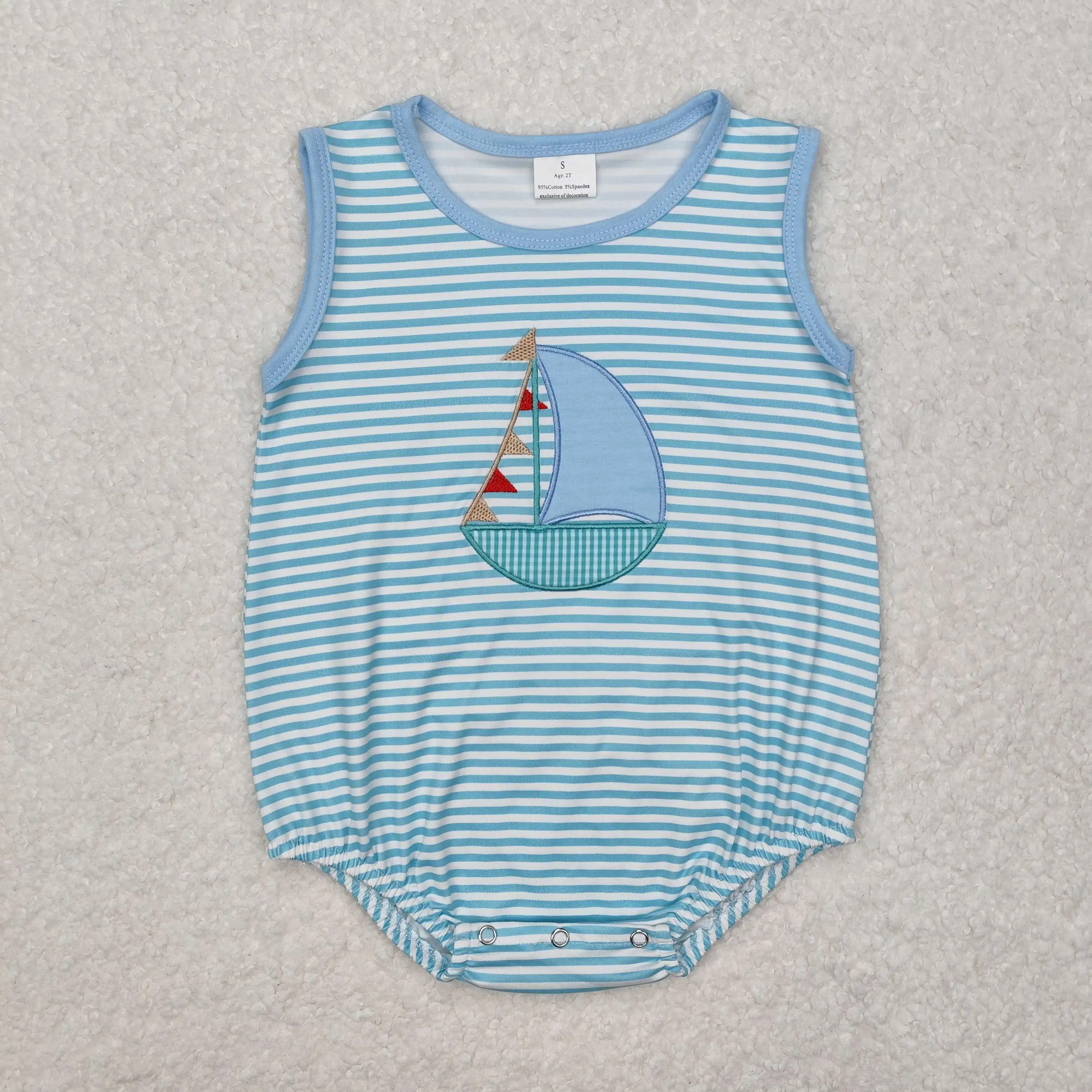 New rts baby  boy summer romper wholesale boutique embroidery sailboat blue stripes boys romper