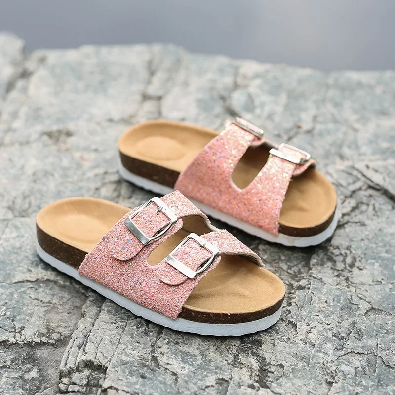 2024 New Summer Trend Sequins Parent-child Children\'s Slippers Women\'s Double Buckle Flip Flops Cork Slippers Women\'s Sandals