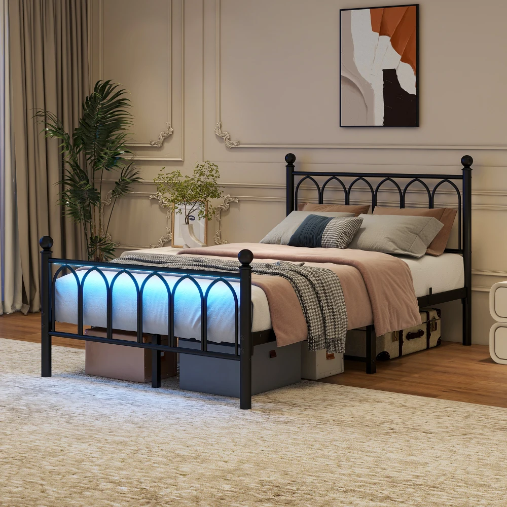 Cadre de lit en métal noir 120×200cm, design vintage, USB et LED, sommiers en acier robustes, grand espace de rangement