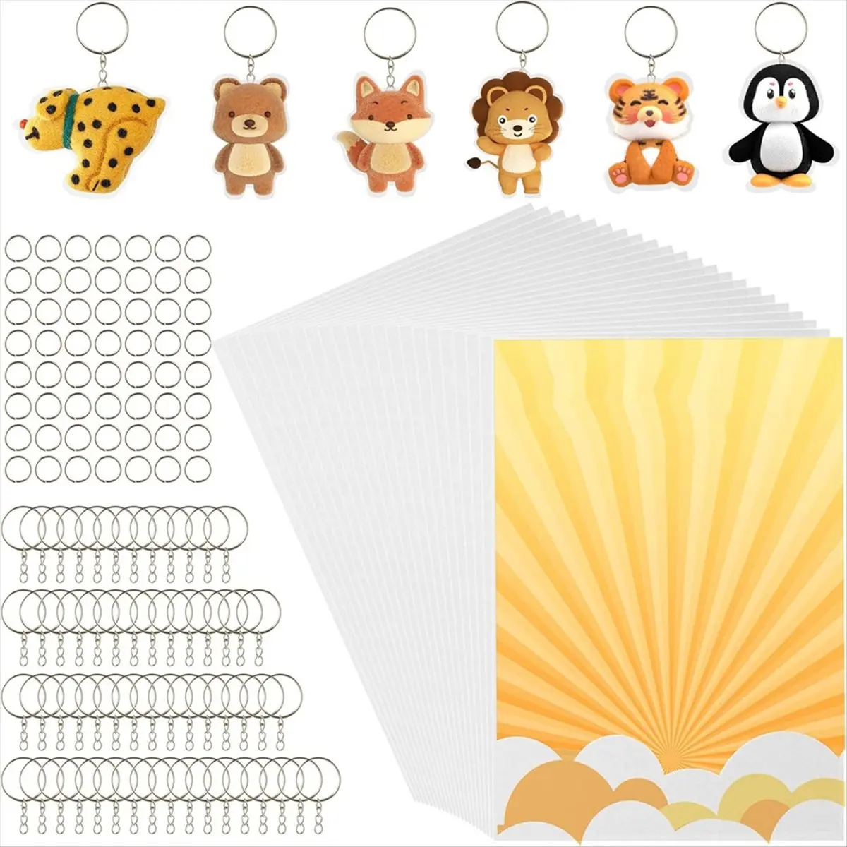 50PCS Heat Shrink Film Sheets,Shrink Plastic Sheets Shrink Paper Sheets with 100 Keychains Kit for