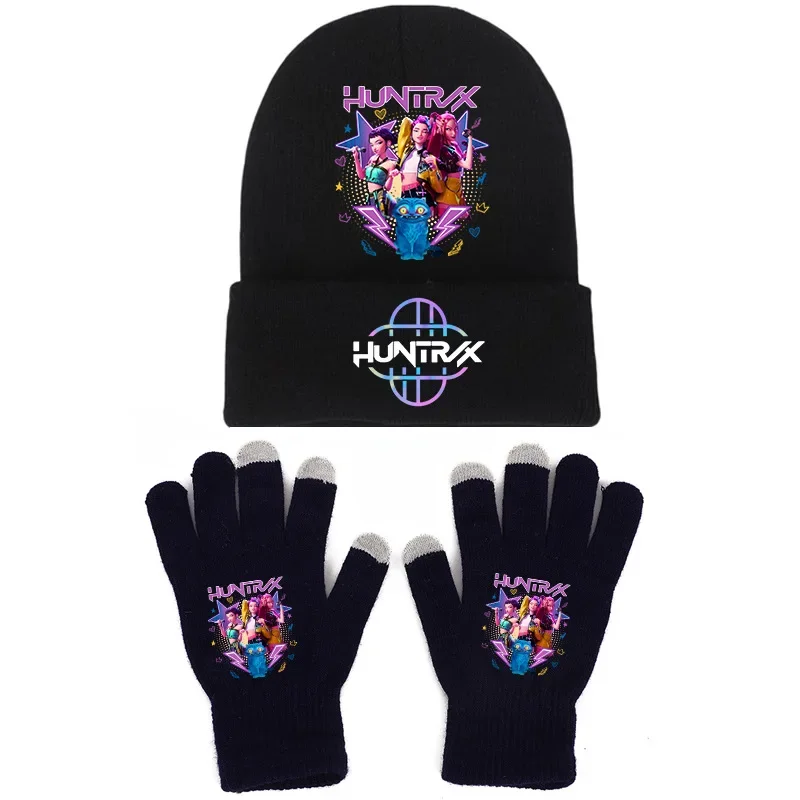 2 قطعة Kpop شيطان الصيادين محبوك قبعة وقفازات مجموعة الكرتون أنيمي رسائل A-Z مطبوعة الشتاء اكسسوارات بنين بنات لطيف بيني