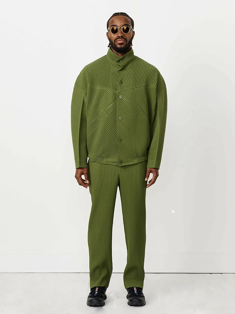 Miyake-メンズプリーツスタンドネックシャツ、スプライスデザイナー