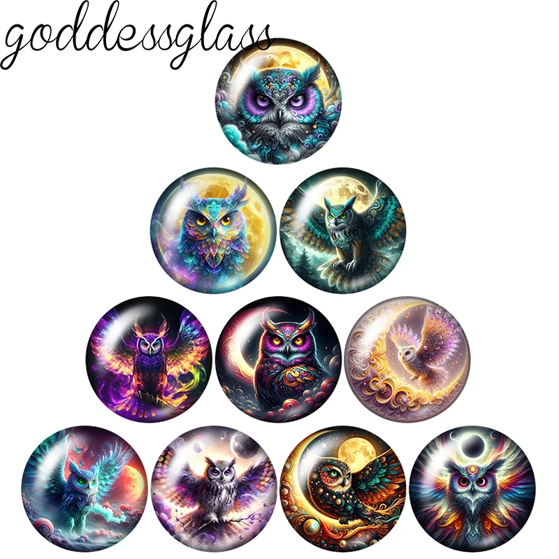 Moon Night Owl Magical Owl Animls 10pcs 12mm/18mm/20mm/25mm Round Photo Glass Cabochon Flat Back Making Findings Jewelry