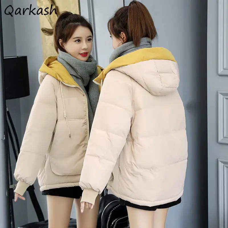 Hooded Parkas Women Thicker Korean-style Loose Winter Warm Solid Simple Office Ladies Leisure Trendy All-match Pockets Design