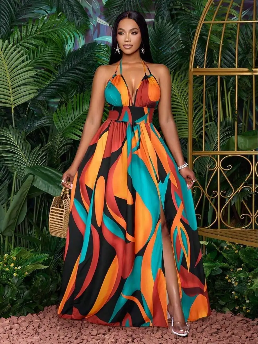 

Womens Halter Neck Maxi Dress With Vibrant Tropical Print Flowing Skirt