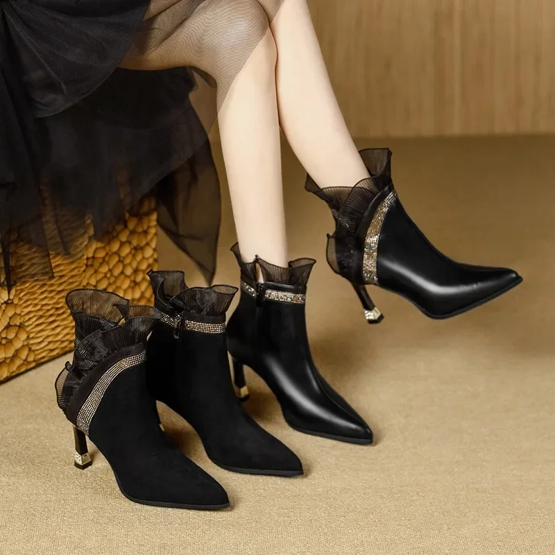 

2025 autumn and winter sales of new French pointed high heels diamond lace edge small thin with all fashion women's ankle boots