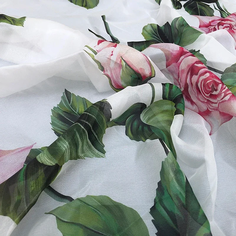 White rose logo imitation silk chiffon dress fabric per yard digital printing thin transparent design sewing clothing material