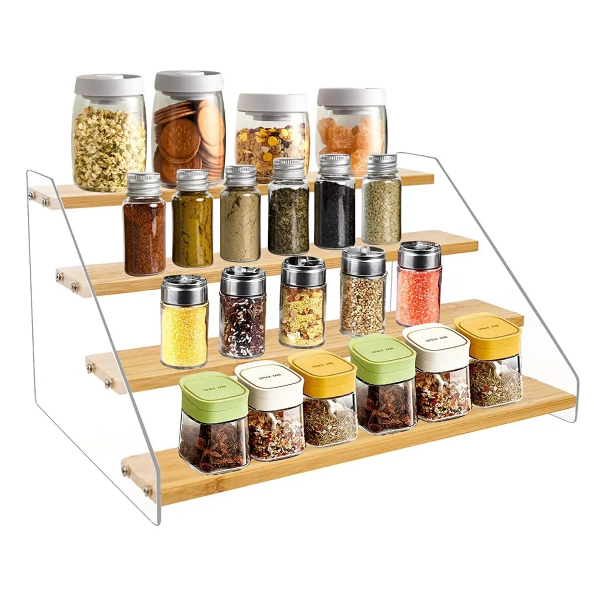 A75K 12In Spice Rack Organizer for Cabinet - Wooden 4Tier Display Stand -Space Saving Display Shelf Riser for Perfume Cupcake