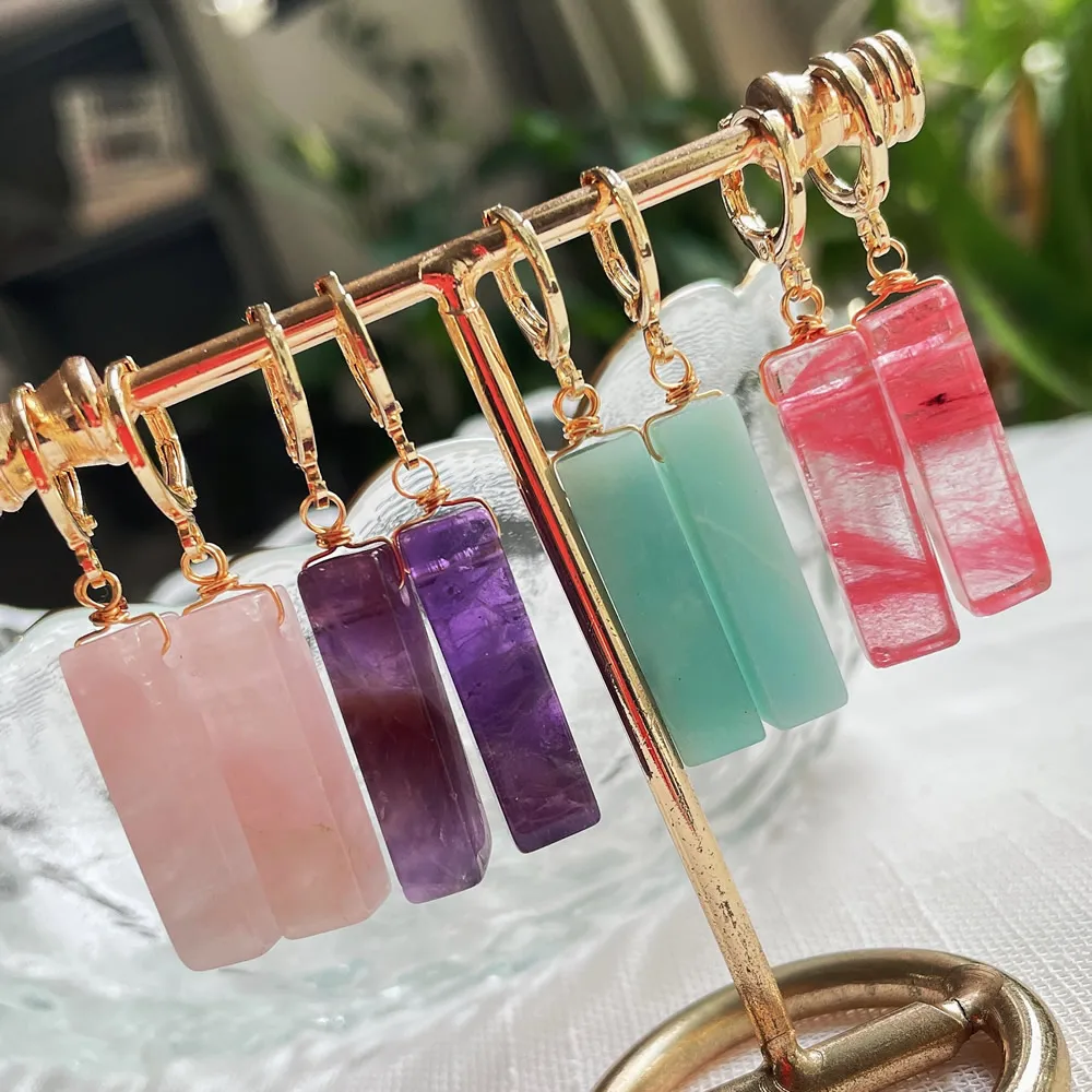 Real Natural Crystal Earrings for Women Small Stick Rectangle Tassel Dangling Amazonite Pink Purple Crystal Drop Earring Reiki