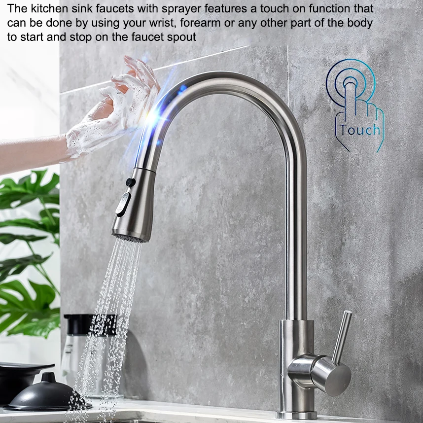 Brushed Nickel Touch on Kitchen Sink Faucets Stainless Steel Hot Cold Kitchen Mixer Tap Sensor Touch Pull Out Kitchen Faucet