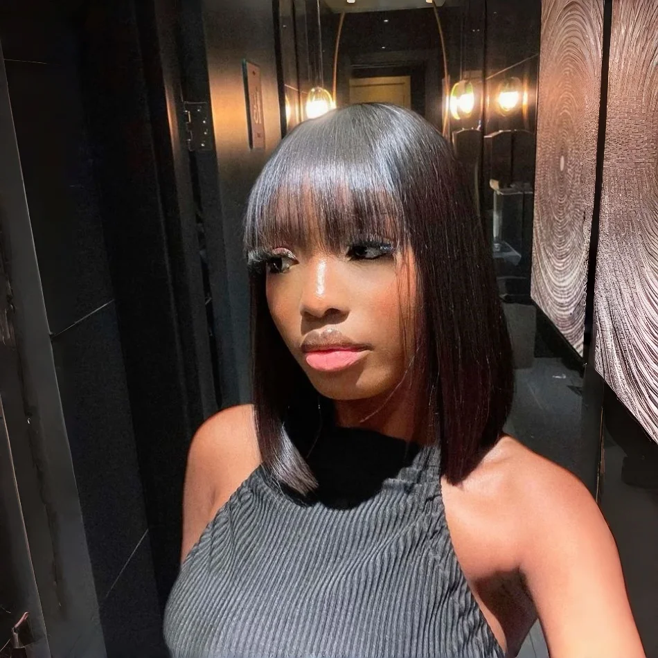 

Короткие прямые парики из натуральных волос для чернокожих женщин с челкой, натурального цвета, полностью машинной работы, 8-16 дюймов