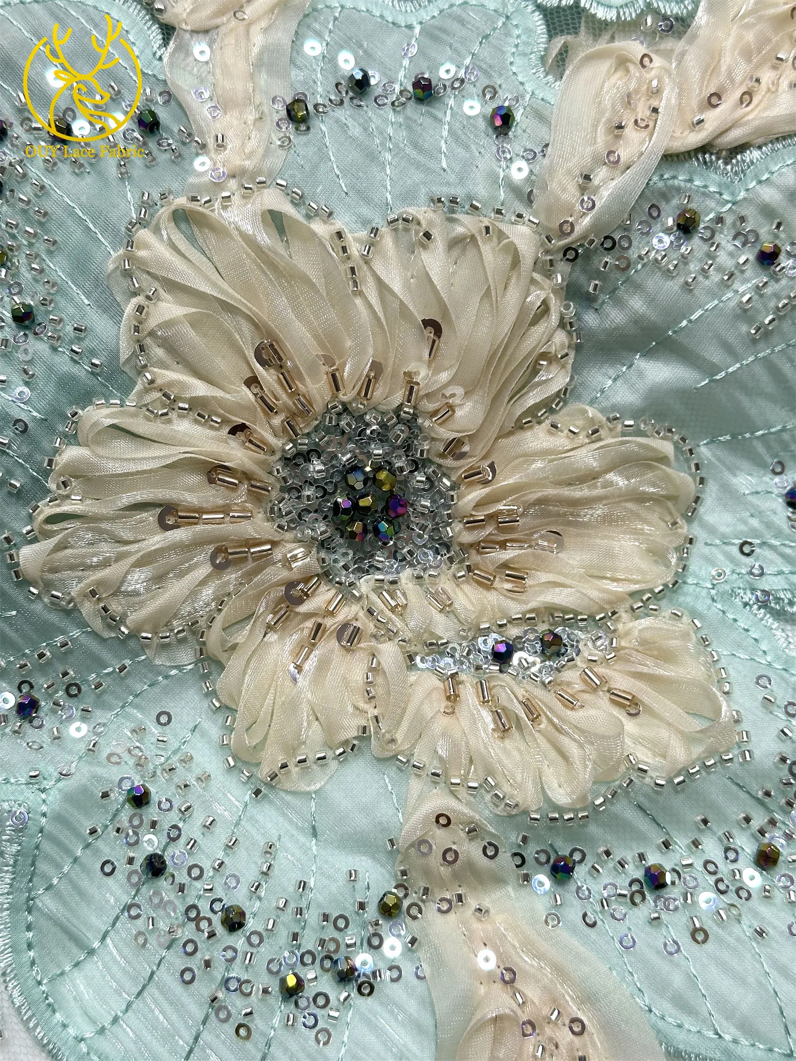 Marineblauer, wunderschöner afrikanischer Spitzenstoff mit Perlen und Pailletten, 3D-Blume, nigerianischer hochwertiger Tüll-Mesh-Spitzenstoff für Ballkleider, 5Y – Detail 23