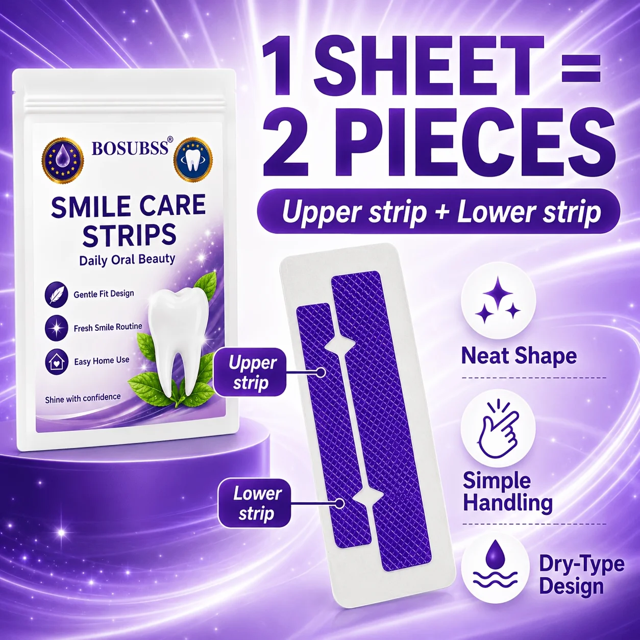 BOSUBSS 6/10 Stück Trockene Smile Care Strips, Obere & Untere Lila Strukturierte Streifen für Tägliche Mundpflege und Einfache Heimanwendung – Detail 7